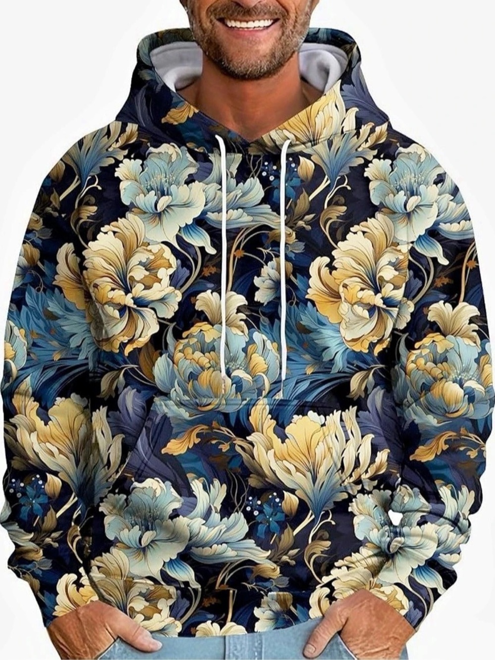 Floral Hoodie in Blue & Yellow 2XL New